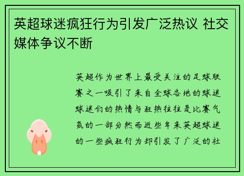 英超球迷疯狂行为引发广泛热议 社交媒体争议不断